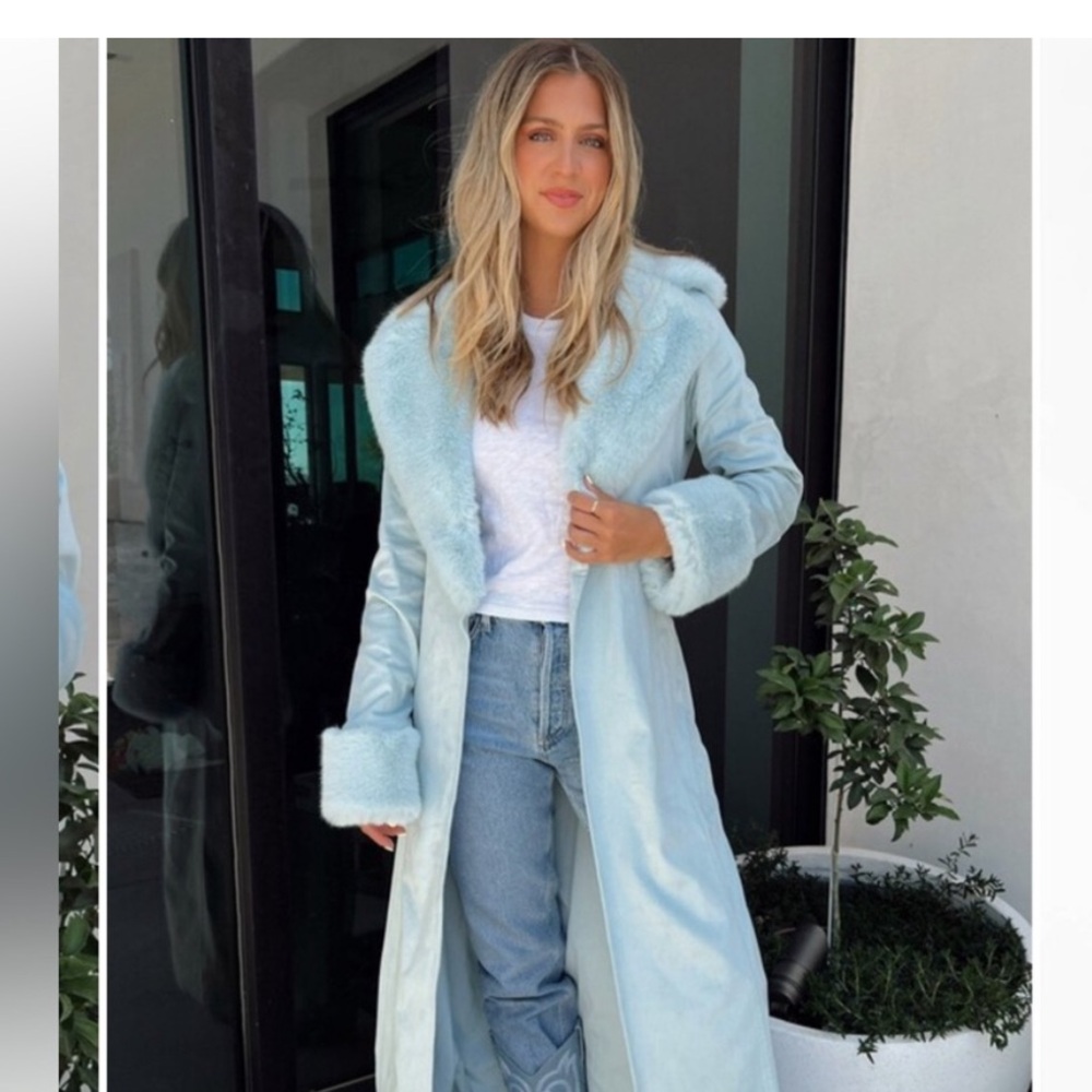 Show me your mumu Chic Light Blue Coat with Faux Fur Trim